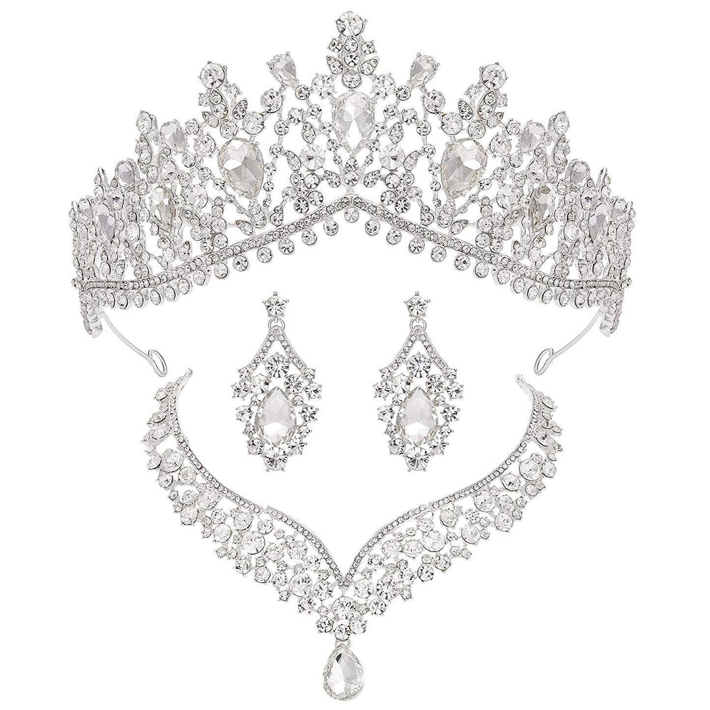 Baroque Wedding Crown for Bride, 3-Pack Tiara Earrings Necklace, Bridal Jewelry Set