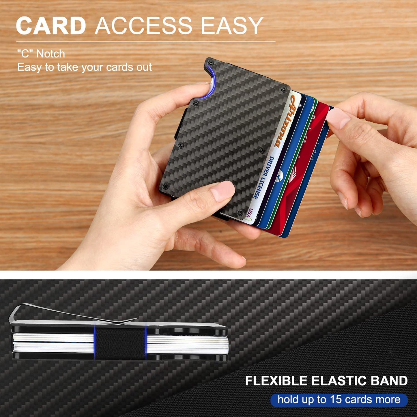 Card Holder Wallet Money Clip, Slim Minimalist Wallet for Men RFID Blocking Carbon Fiber Wallet