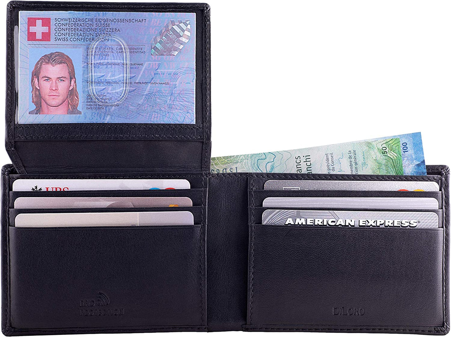 RFID Slim Leather Travel Wallet for Men Bifold Top Flip 2 ID Windows