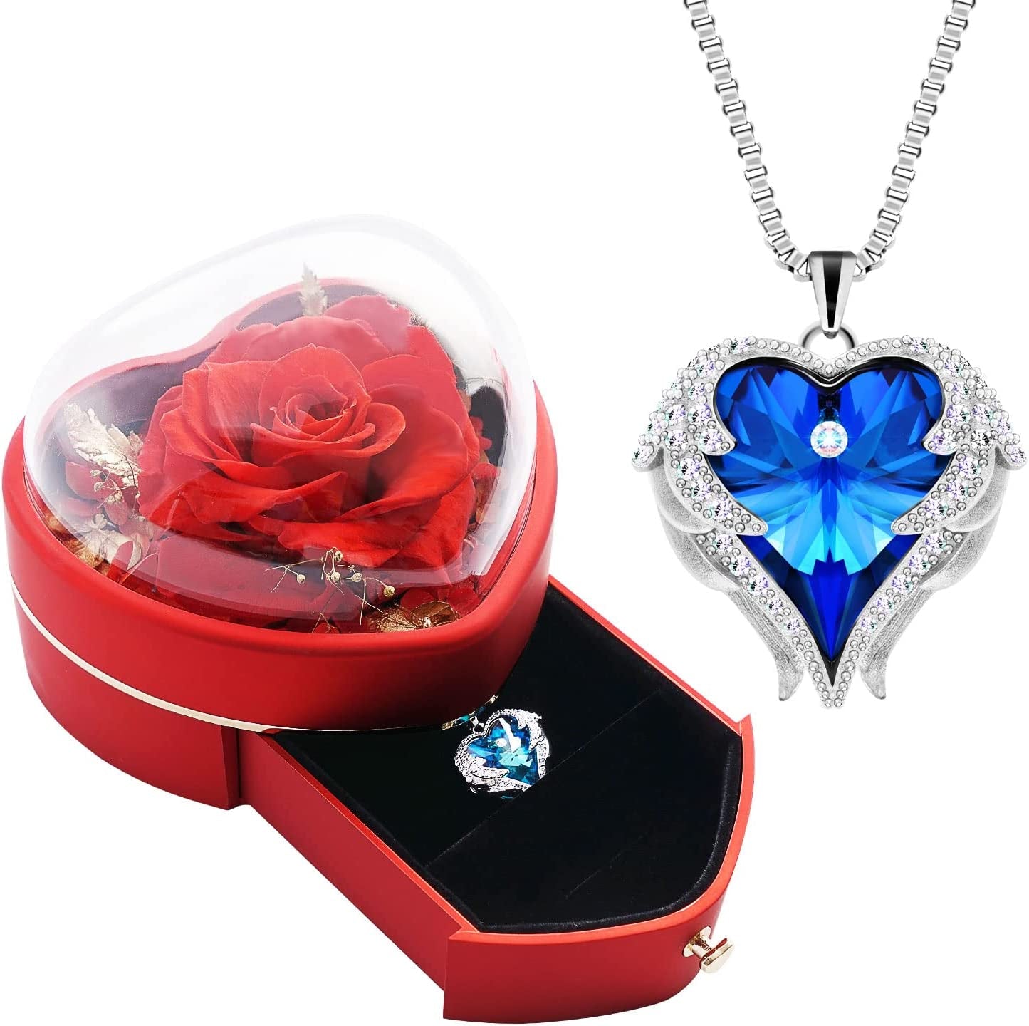 Preserved Real Rose with Heart Necklace Gift Set for Women.Forever Rose Gifts for Mom Grandma