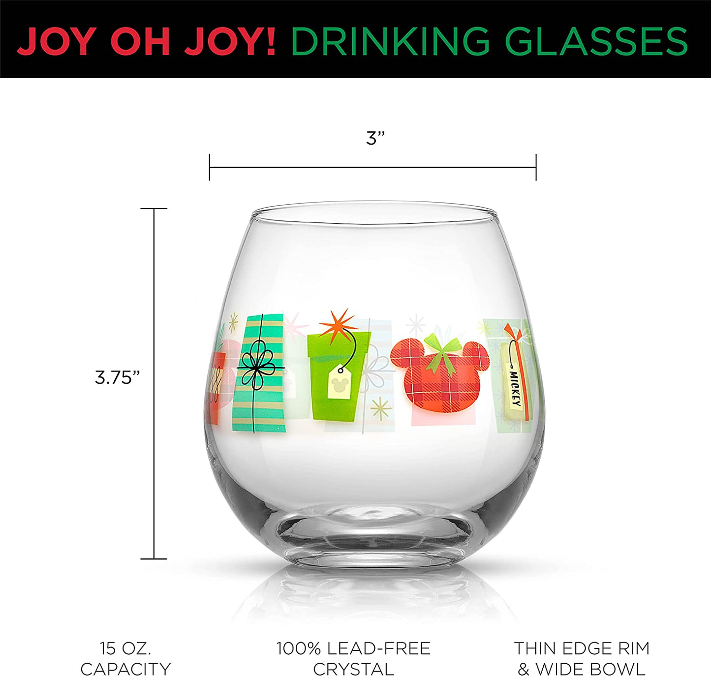 Disney Mickey Mouse Joy O Joy Stemless Wine Glasses. Set of 4 Stemless Wine Glass Drinking Glasses. Joyful Disney Gifts