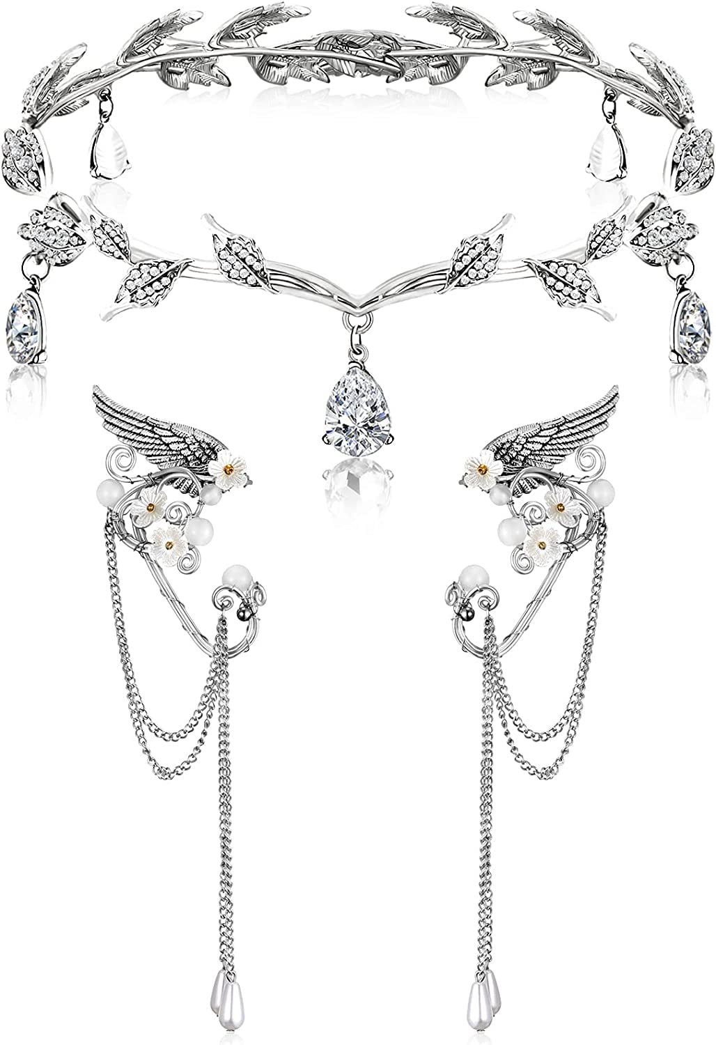 Rhinestone Fairy Leaf Headband Elf Ear Cuffs Crown Elf Earring Accessory for Fairy Cosplay Pageant Wedding Prom