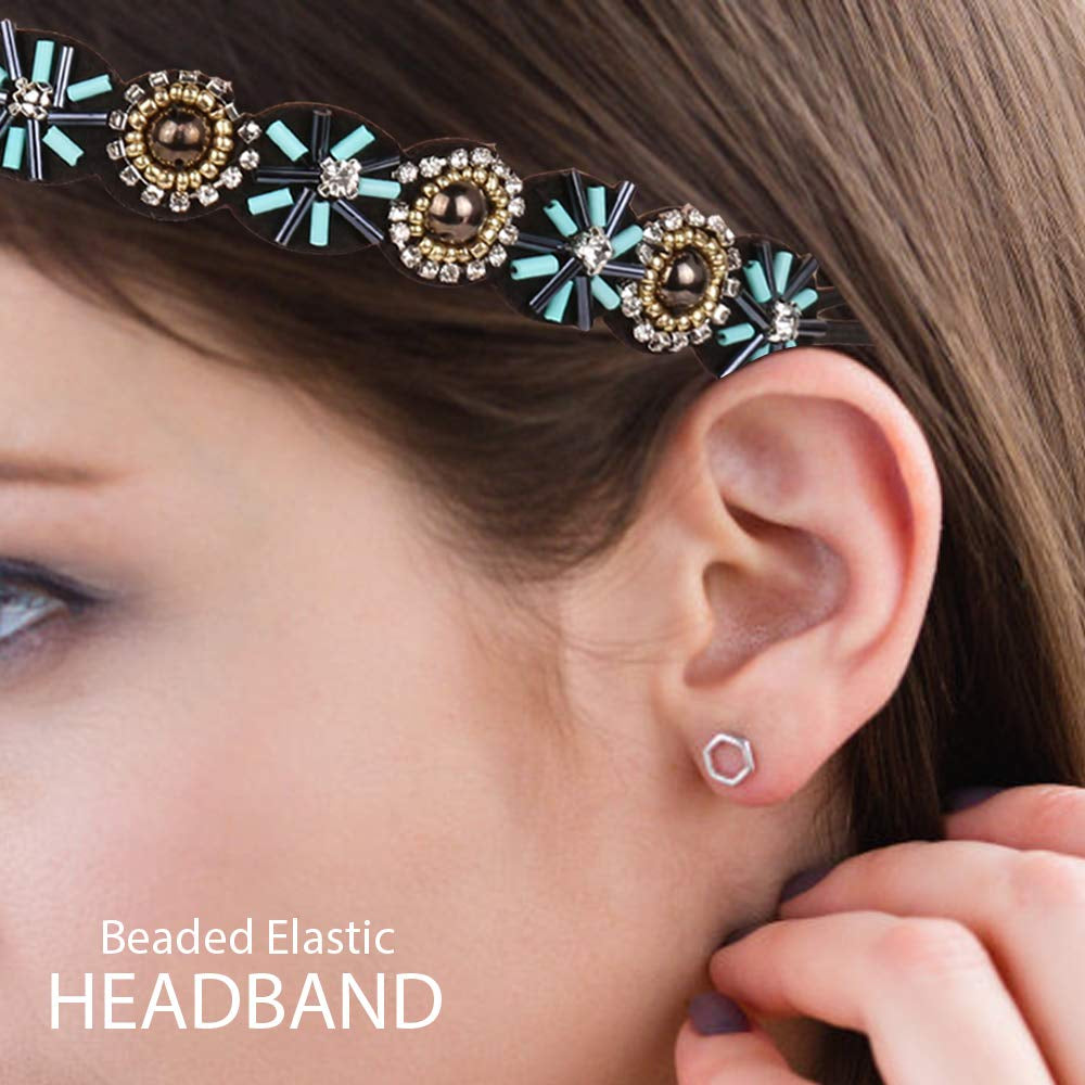 6Pcs Rhinestone Beaded Headband, Elastic Jewelry Hair Bands for Lady Women Girl Hair Accessories