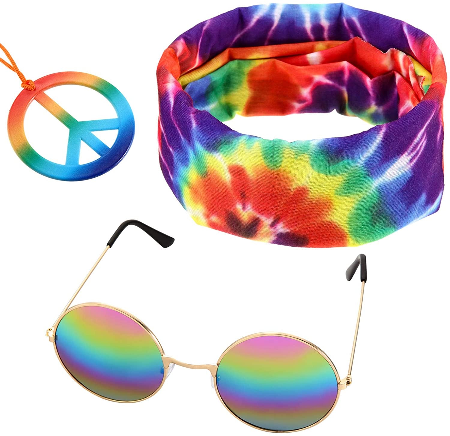 3 Pieces Rainbow Color Hippie Accessories, Including 1 Pair Sunglasses, 1 Peace Sign Necklace and 1 Peace Sign Headscarf