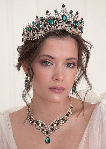 Baroque Wedding Crown for Bride, 3-Pack Tiara Earrings Necklace, Bridal Jewelry Set