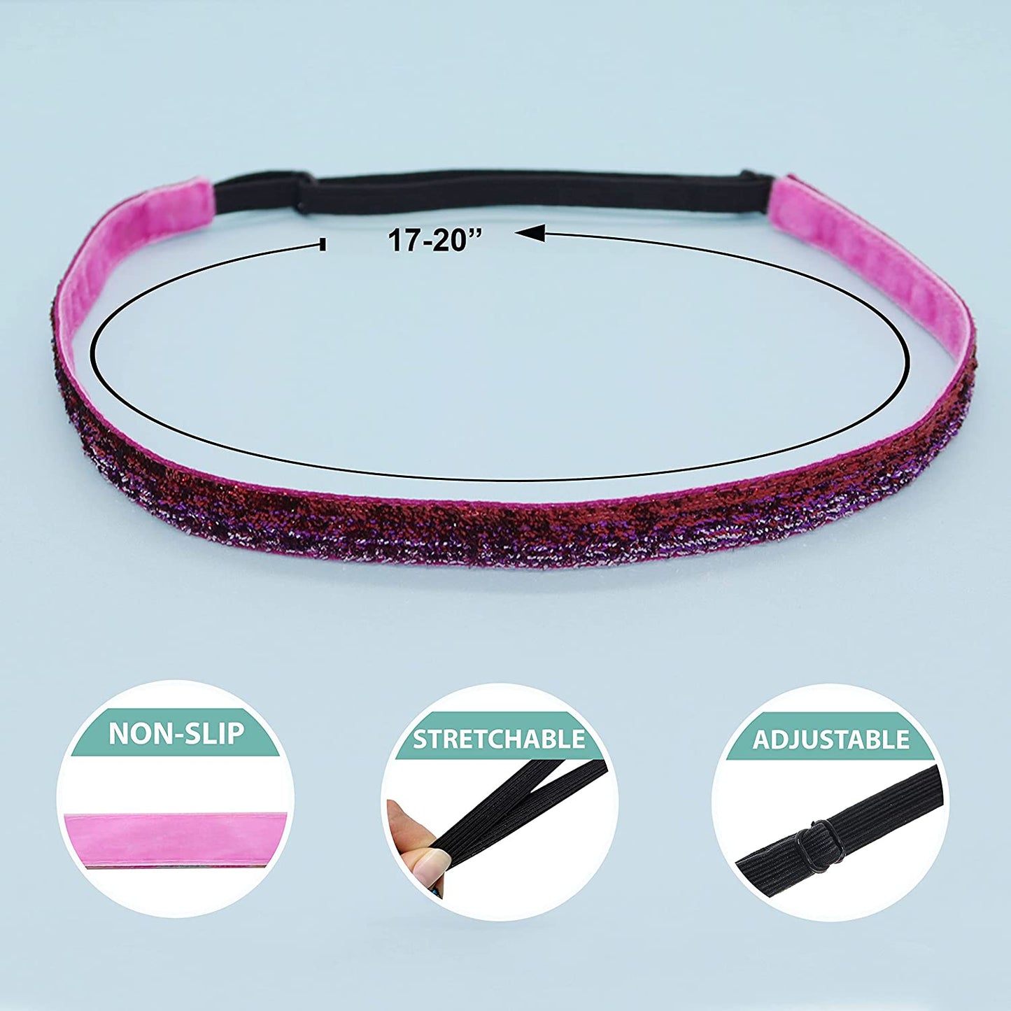 6 Sparkly Glitter Elastic Headbands for Girls, Adjustable Non Slip Thin Stretch Sports Headband for Teens