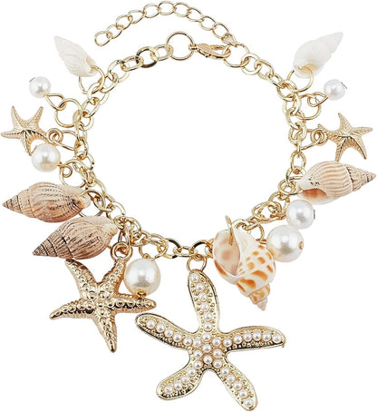 Fashion Sea Shell Starfish Bracelets Faux Pearl Charm Bracelets Golden Shell Beads Bracelets