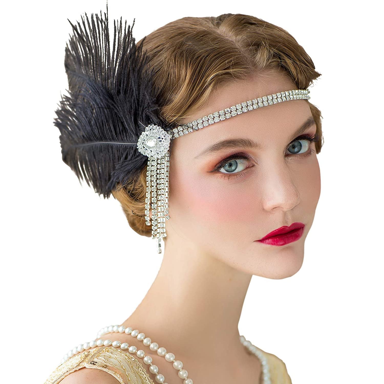 Flapper Headbands Women's 1920S Headpiece Great Gatsby Inspired Feather Headband, Black