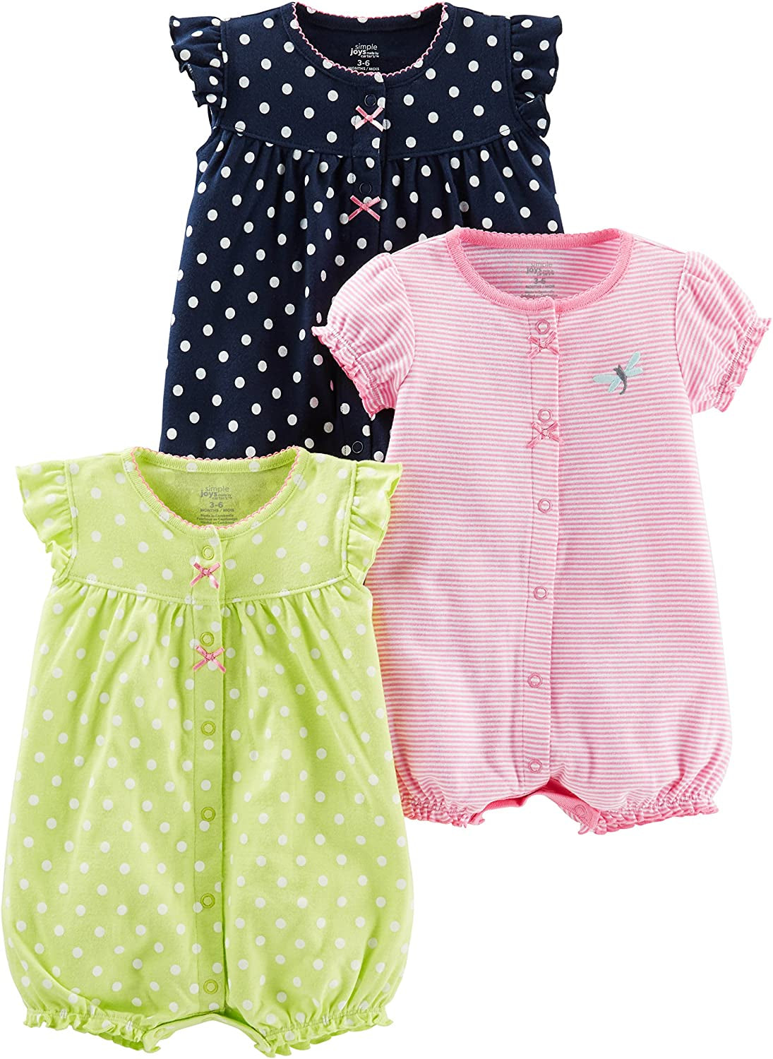 Baby Girls' Snap-Up Rompers, Pack of 3