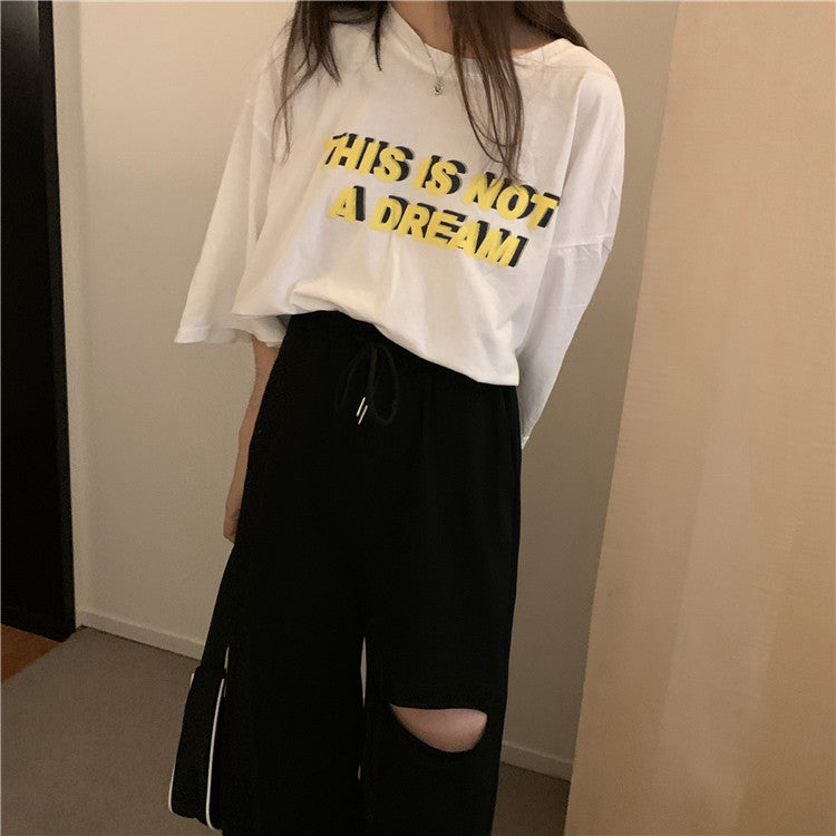 Loose All-match Student Drape Ripped Wide-leg Pants