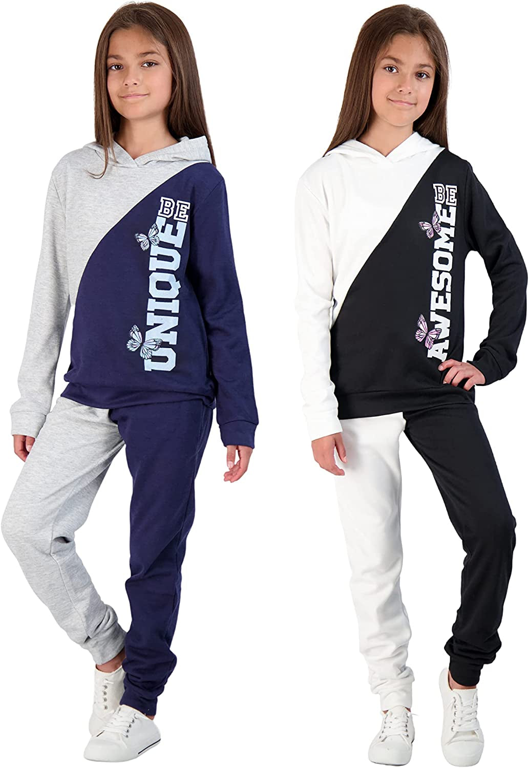 Sweet Butterfly Girls 4-Piece Fleece Active Hoodie and Athletic Jogger Sweatpants and Sweatshirt Kids Clothing Set