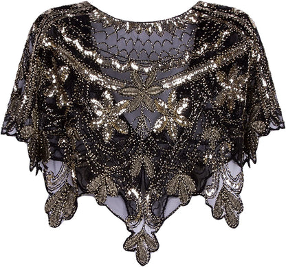 Women's 1920S Shawl Wrap Art Deco Sequin Beaded Evening Cape Bolero Flapper Cover Up