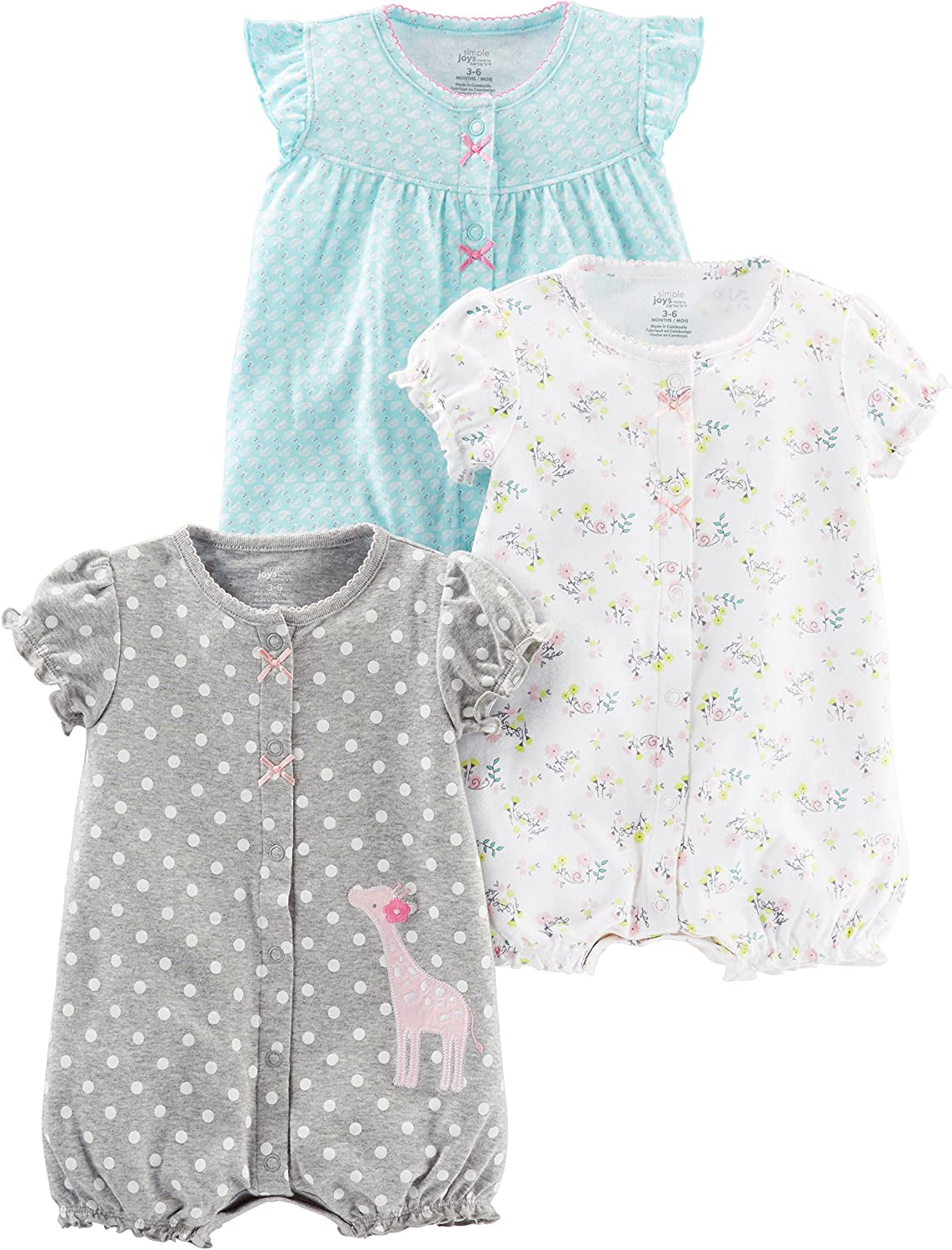 Baby Girls' Snap-Up Rompers, Pack of 3