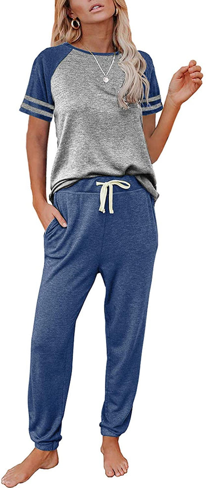 Lounge Sets for Women Two Piece Outfits Loungewear Short Sleeve Crewneck Jogger Pajama Set