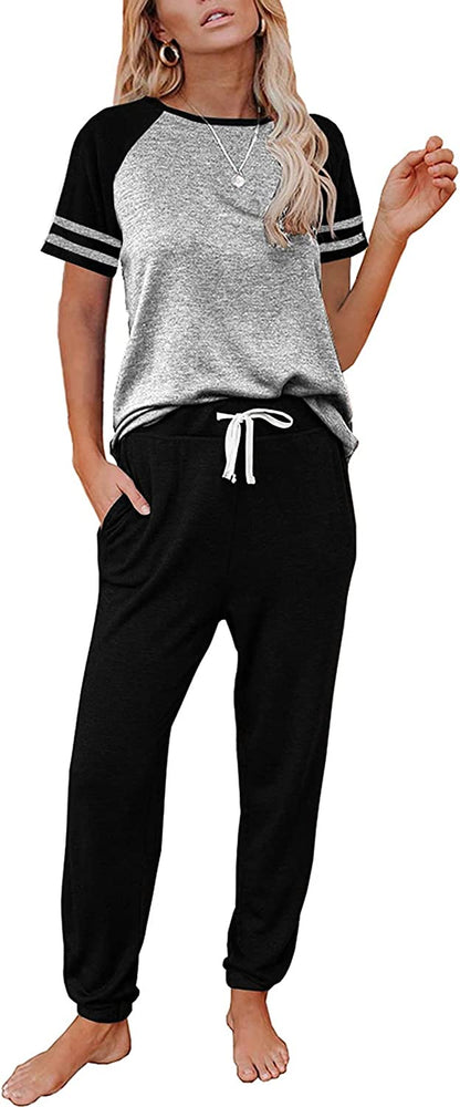 Lounge Sets for Women Two Piece Outfits Loungewear Short Sleeve Crewneck Jogger Pajama Set