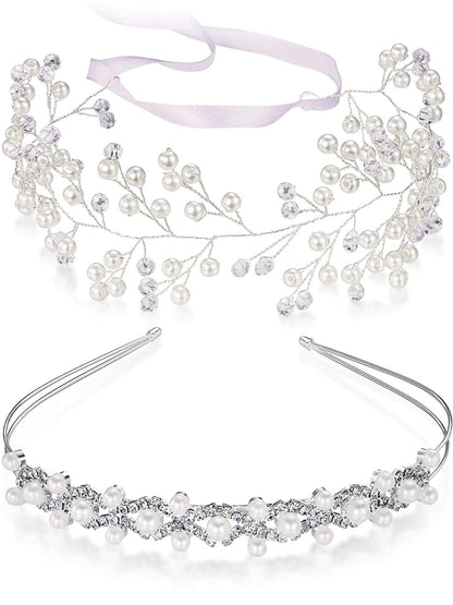 2 Pieces Flower Girls Headpiece Bridal Rhinestone Wedding Headband Hairband Faux Pearl Hair Accessory