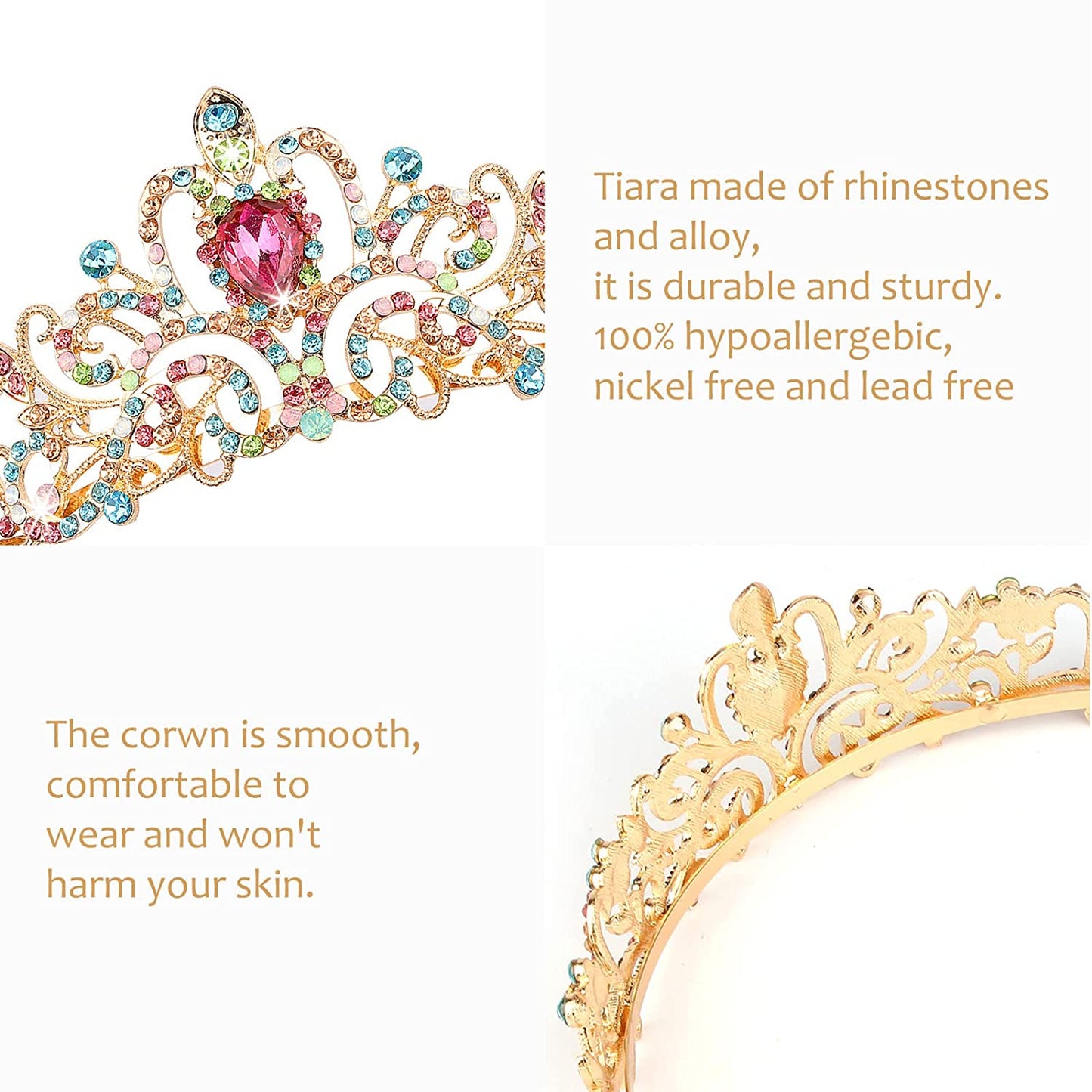 Gold Tiara for Women Crystal Crown with Colorful Gemstones Rhinestones Hair Accessories for Girls