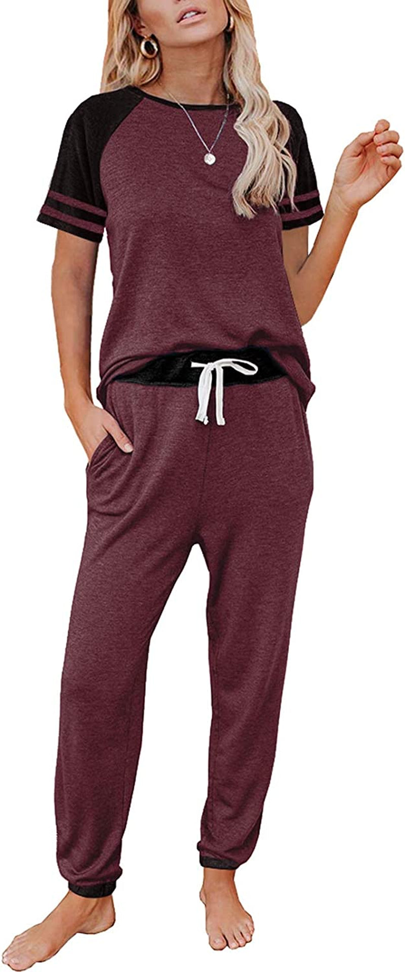 Lounge Sets for Women Two Piece Outfits Loungewear Short Sleeve Crewneck Jogger Pajama Set