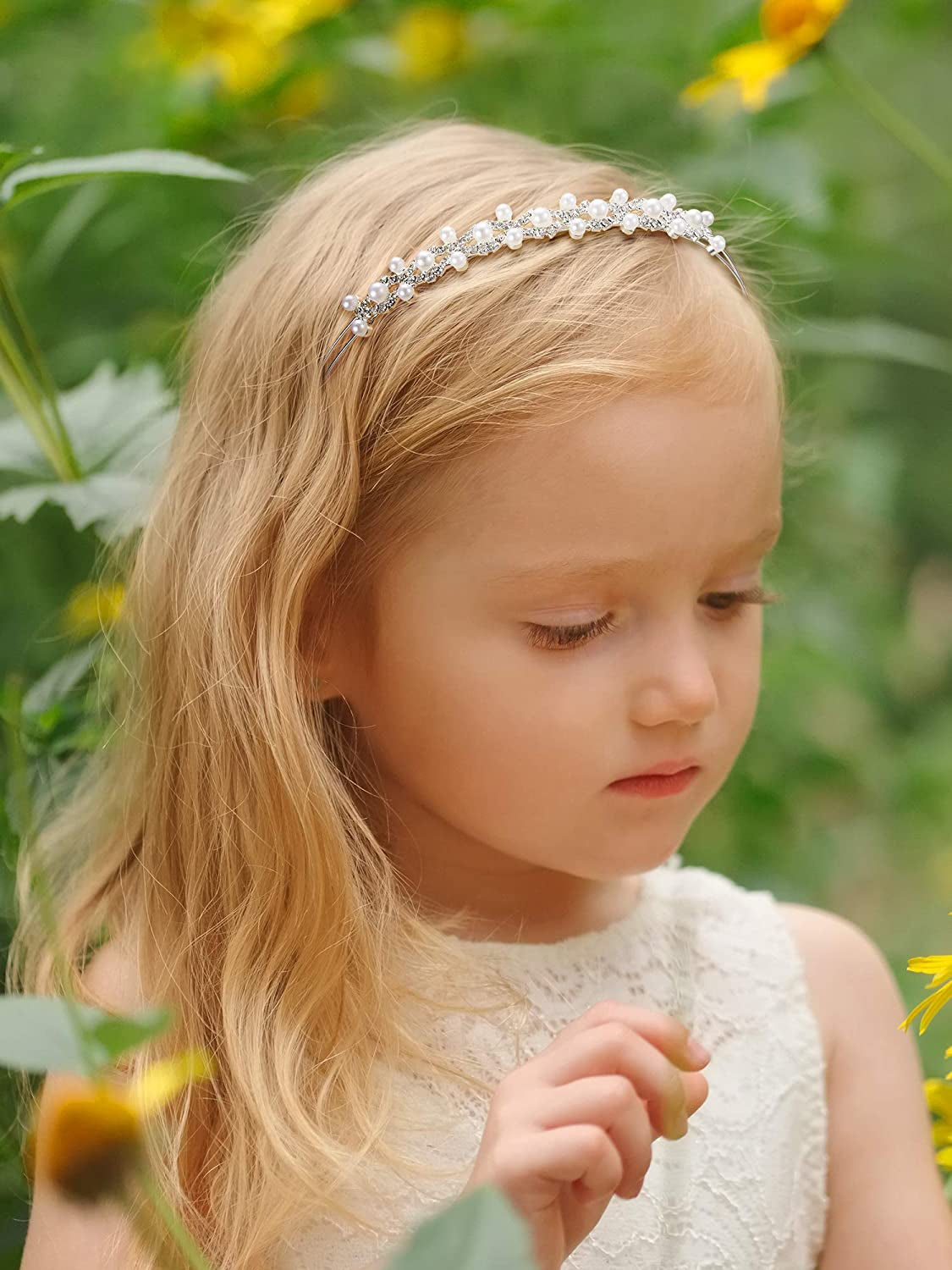 2 Pieces Flower Girls Headpiece Bridal Rhinestone Wedding Headband Hairband Faux Pearl Hair Accessory