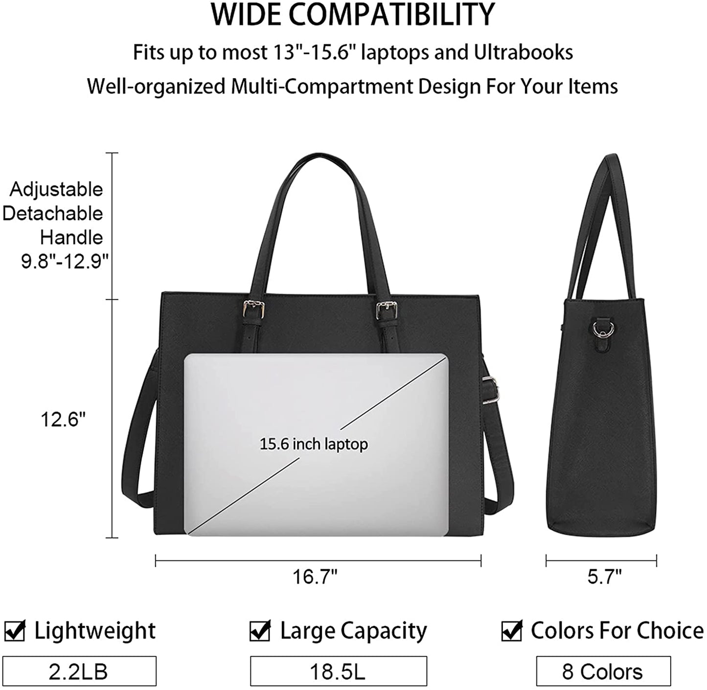 Laptop Bag for Women Waterproof Lightweight Leather 15.6 Inch Computer Tote Bag Business Office Briefcase Bag, Black