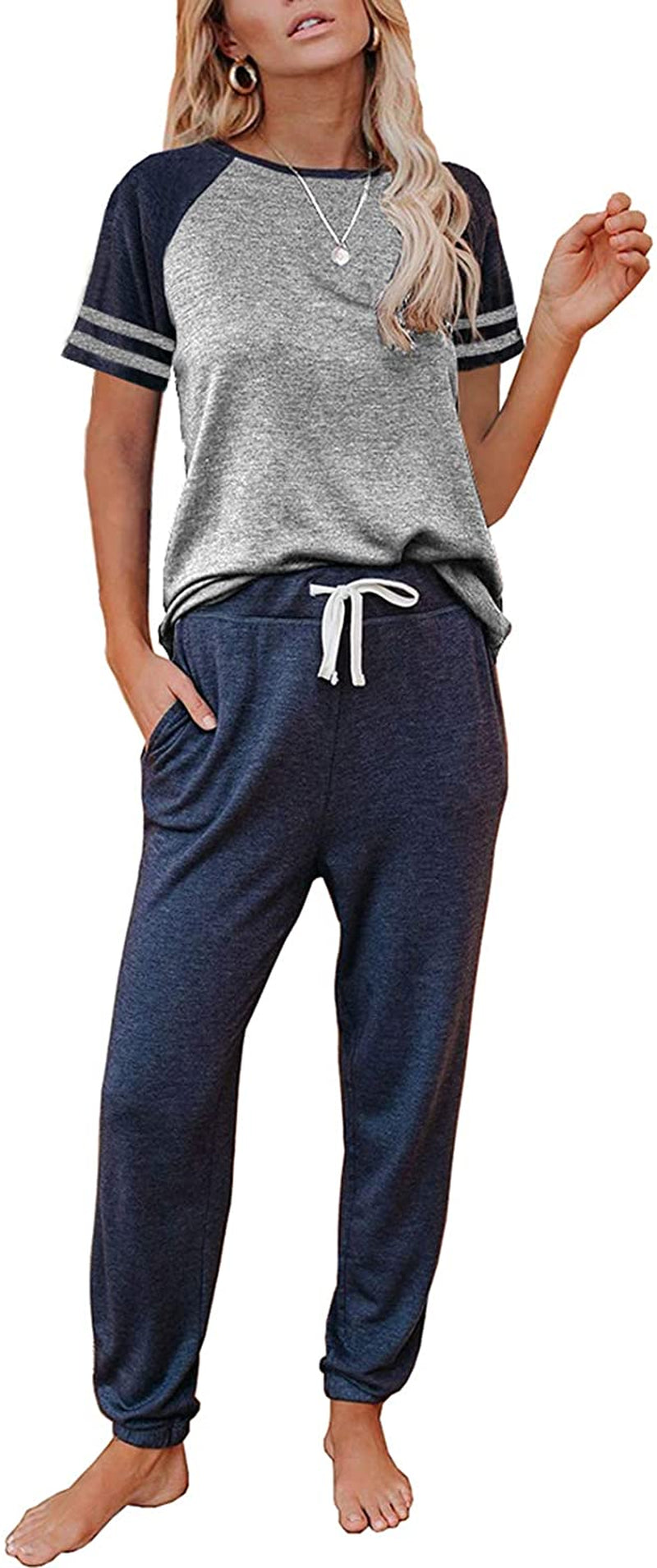 Lounge Sets for Women Two Piece Outfits Loungewear Short Sleeve Crewneck Jogger Pajama Set