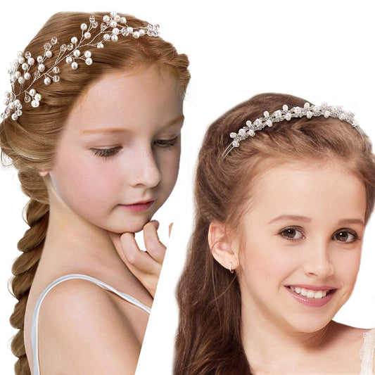 2 Pieces Flower Girls Headpiece Bridal Rhinestone Wedding Headband Hairband Faux Pearl Hair Accessory