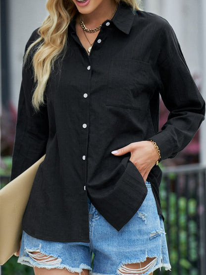 Textured Side Slit Long Sleeve Shirt