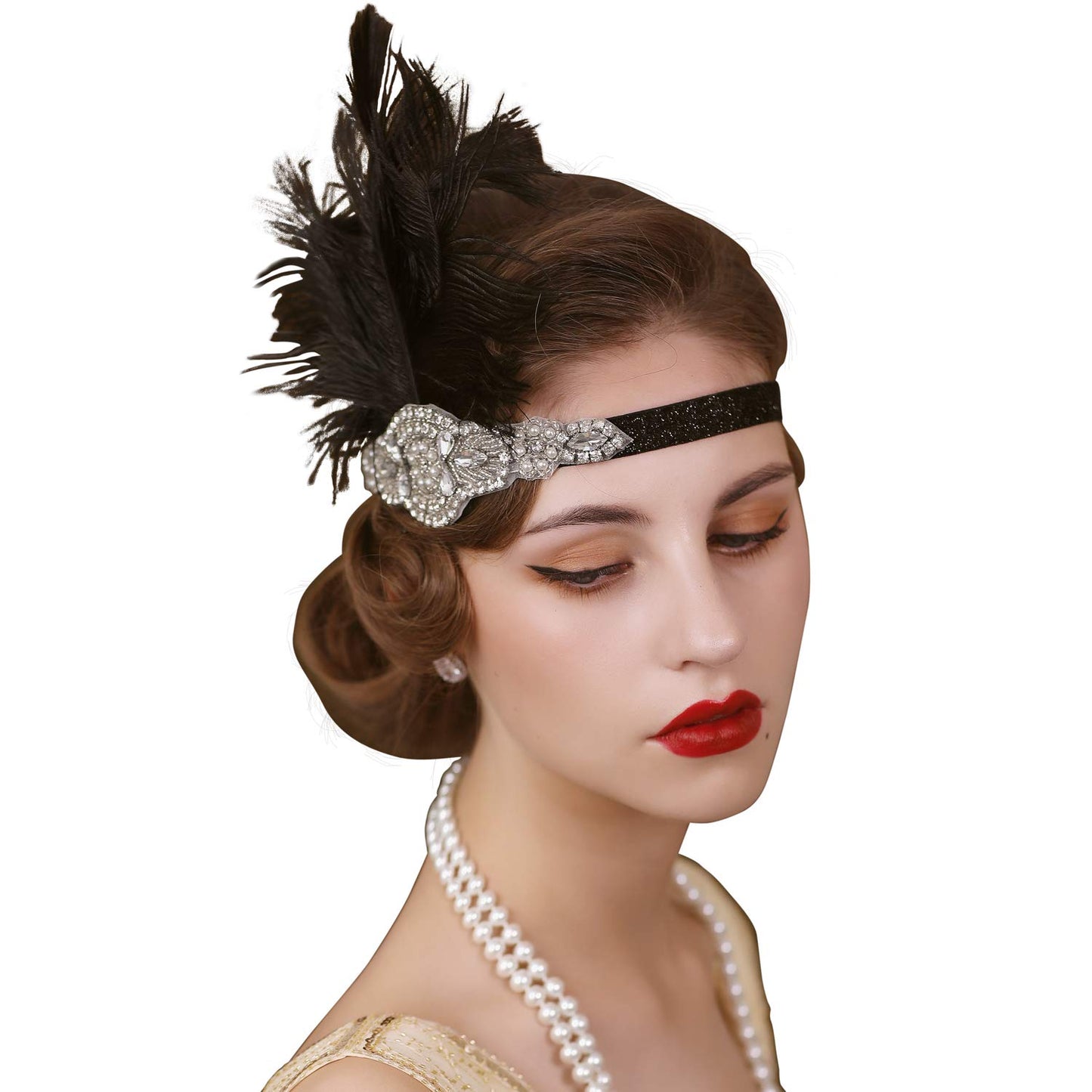 Black 1920S Headpiece Feather, Rhinestone Flapper Headpiece, the Great Gatsby Hair Accessories