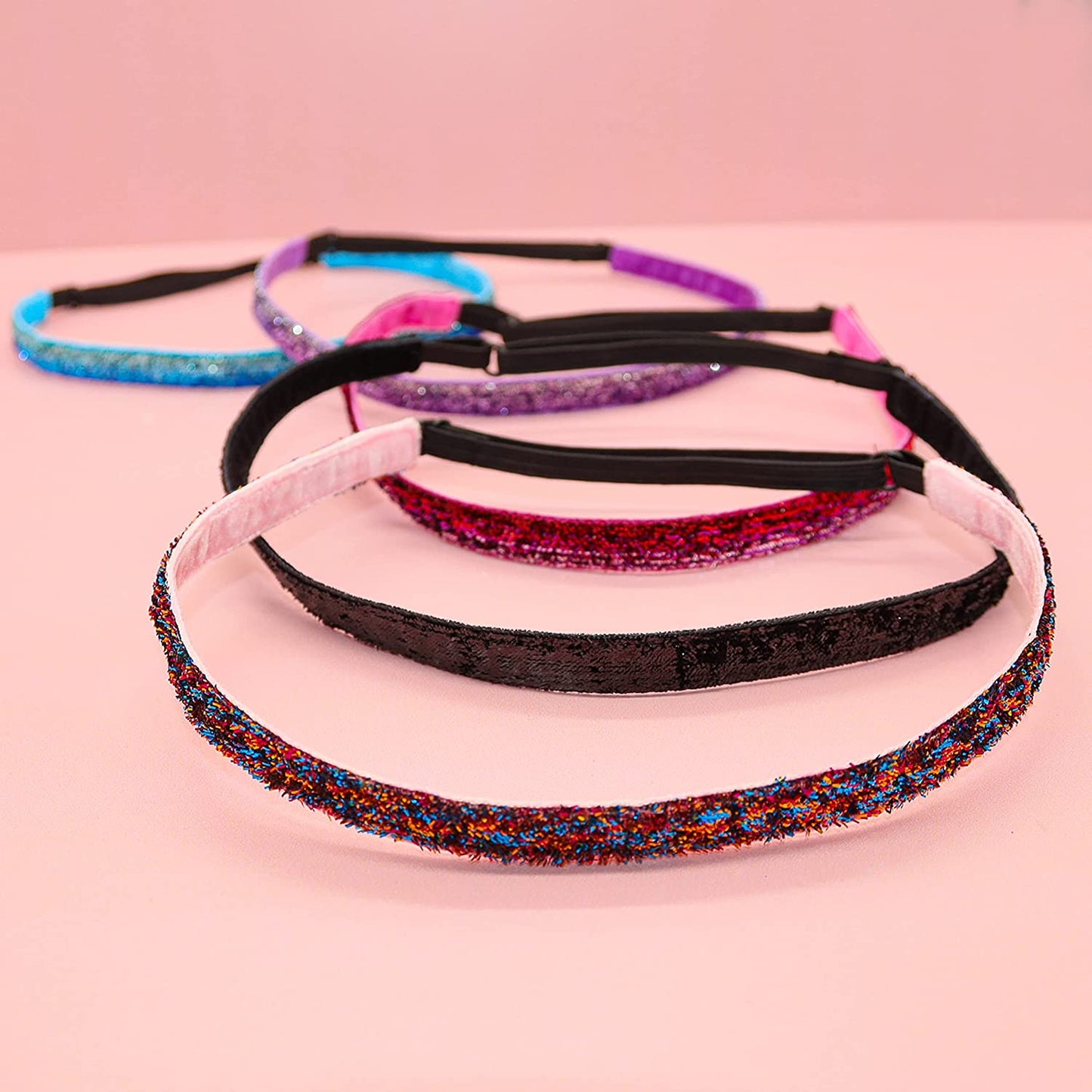 6 Sparkly Glitter Elastic Headbands for Girls, Adjustable Non Slip Thin Stretch Sports Headband for Teens