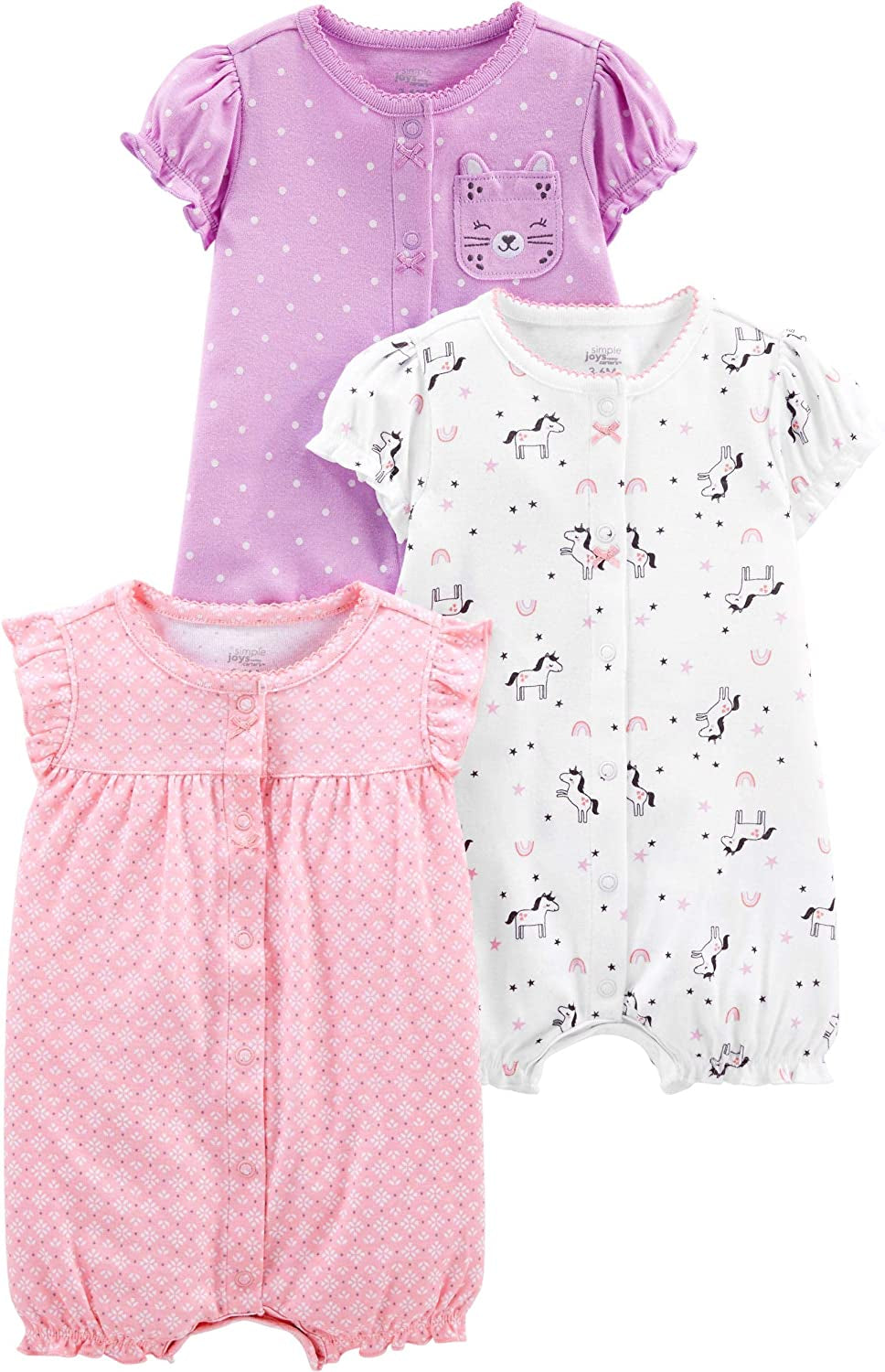 Baby Girls' Snap-Up Rompers, Pack of 3