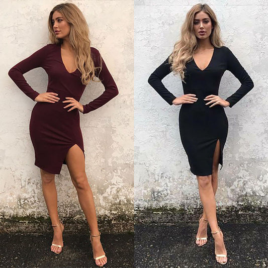 New V Collar Knitted Cotton Long Sleeved Skinny Dress