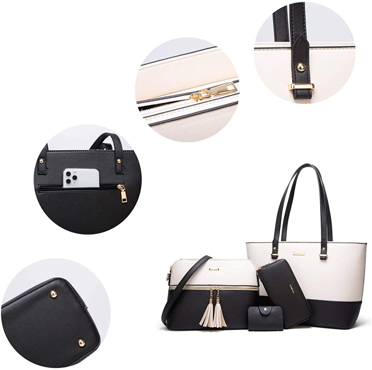 Women Fashion Synthetic Leather Handbags Tote Bag Shoulder Bag Top Handle Satchel Purse Set 4Pcs