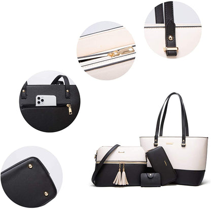 Women Fashion Synthetic Leather Handbags Tote Bag Shoulder Bag Top Handle Satchel Purse Set 4Pcs