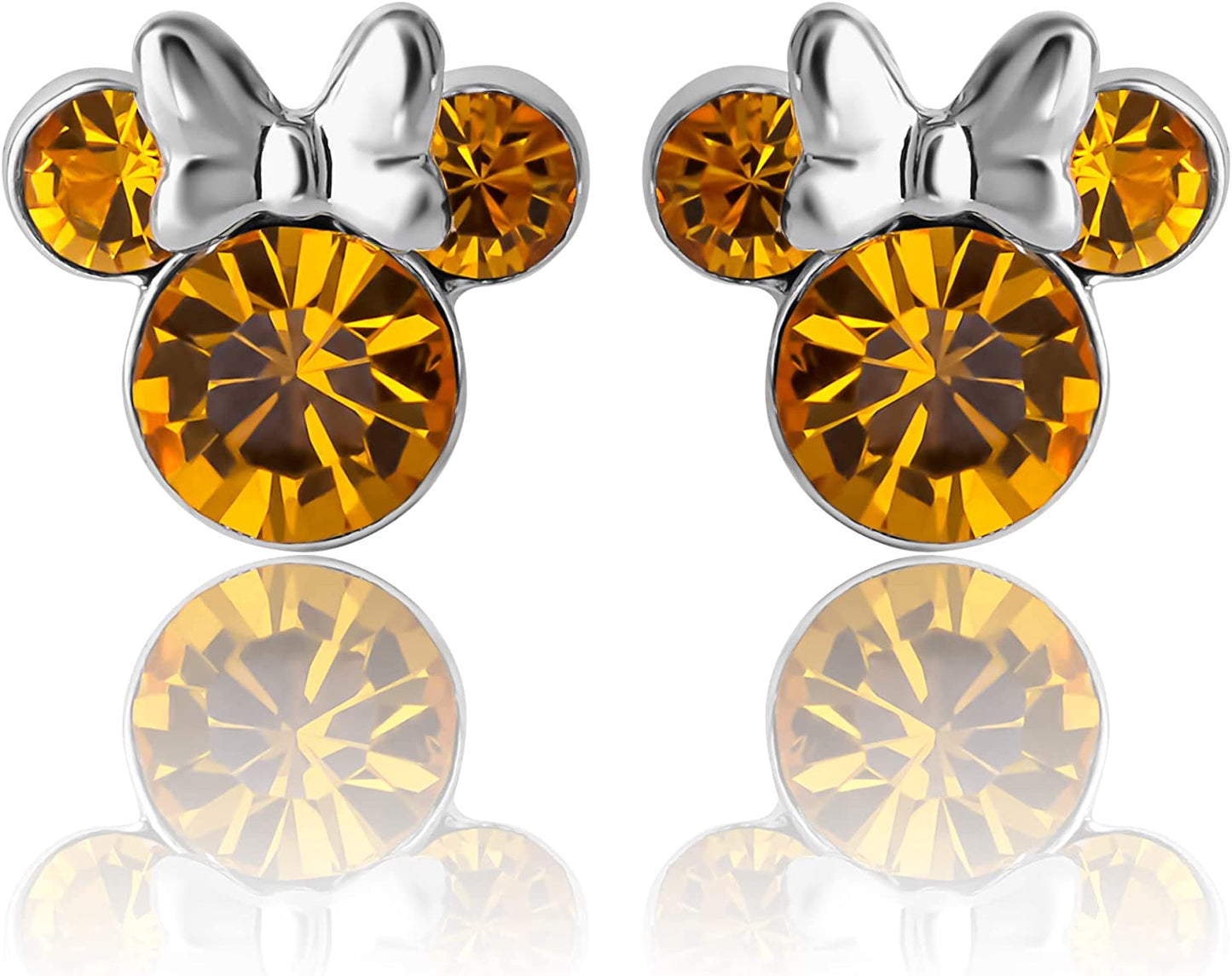 Minnie Mouse Crystal Birthstone Stud Earrings, Silver Plated, Gold Plated