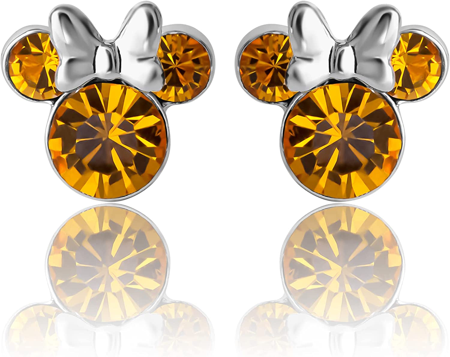 Minnie Mouse Crystal Birthstone Stud Earrings, Silver Plated, Gold Plated