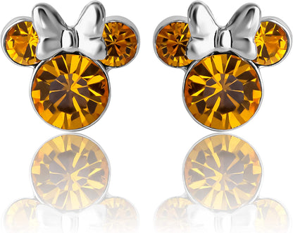 Minnie Mouse Crystal Birthstone Stud Earrings, Silver Plated, Gold Plated