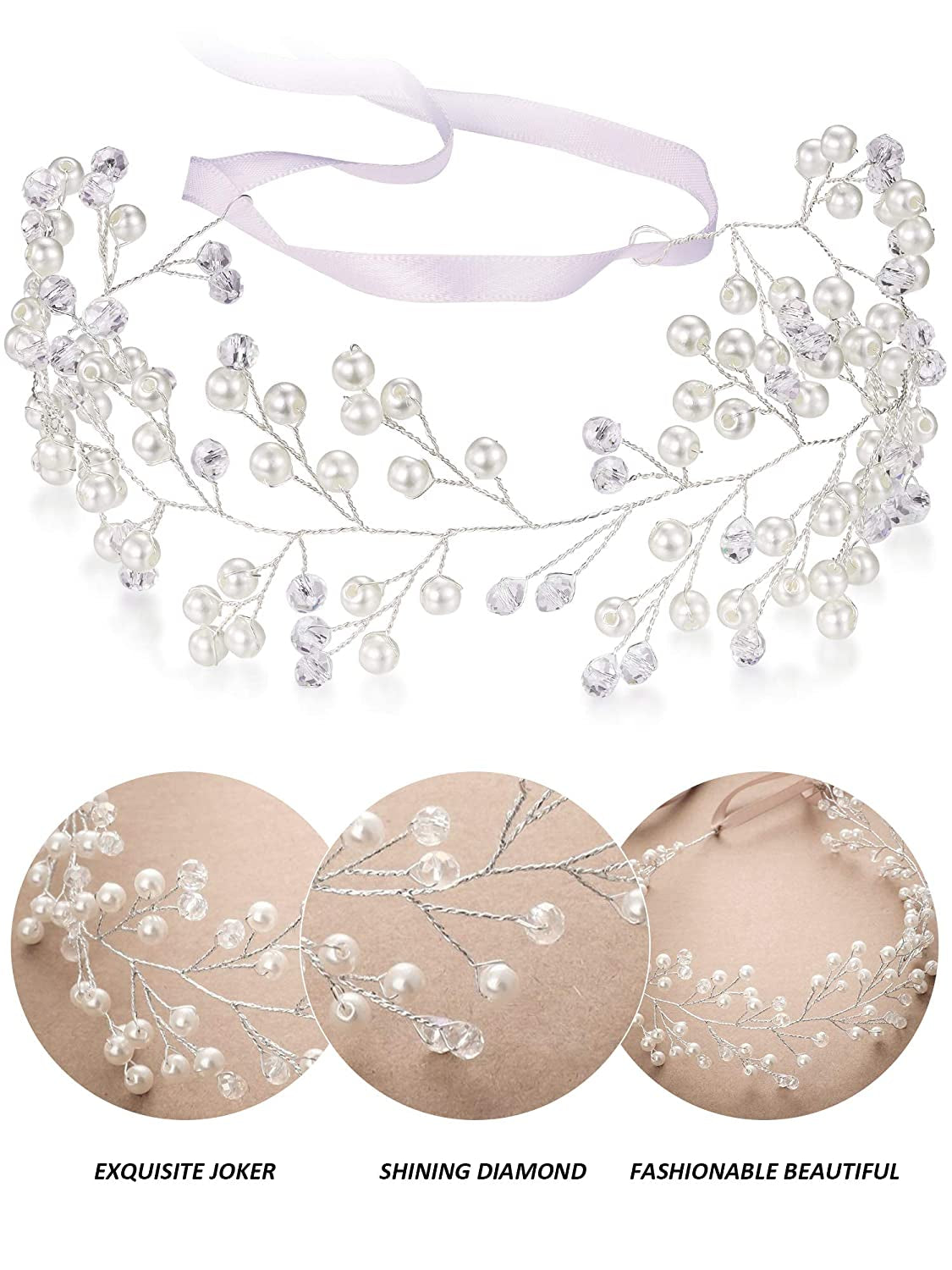 2 Pieces Flower Girls Headpiece Bridal Rhinestone Wedding Headband Hairband Faux Pearl Hair Accessory