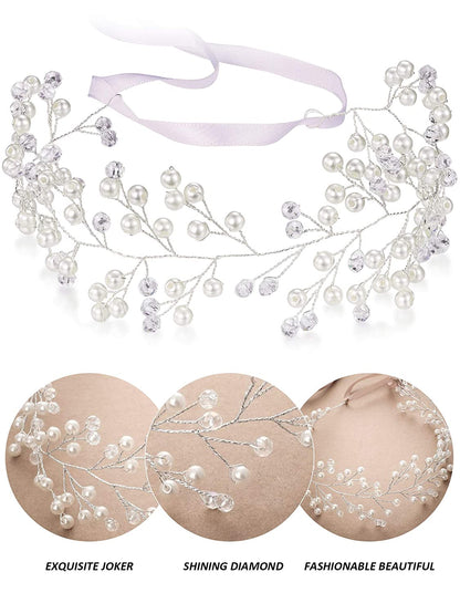 2 Pieces Flower Girls Headpiece Bridal Rhinestone Wedding Headband Hairband Faux Pearl Hair Accessory