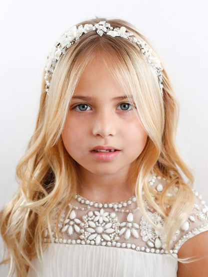 Flower Girl Headpiece Ivory Tulle Flowers Wedding Headband for Girls, Princess Pearl Hair Accessories