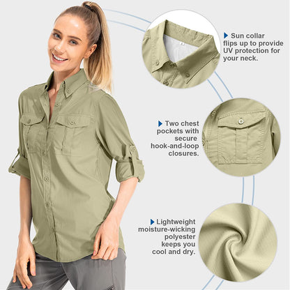 Women'S Quick Dry Sun UV Protection Convertible Long Sleeve Safari Shirts for Hiking Camping Fishing Sailing