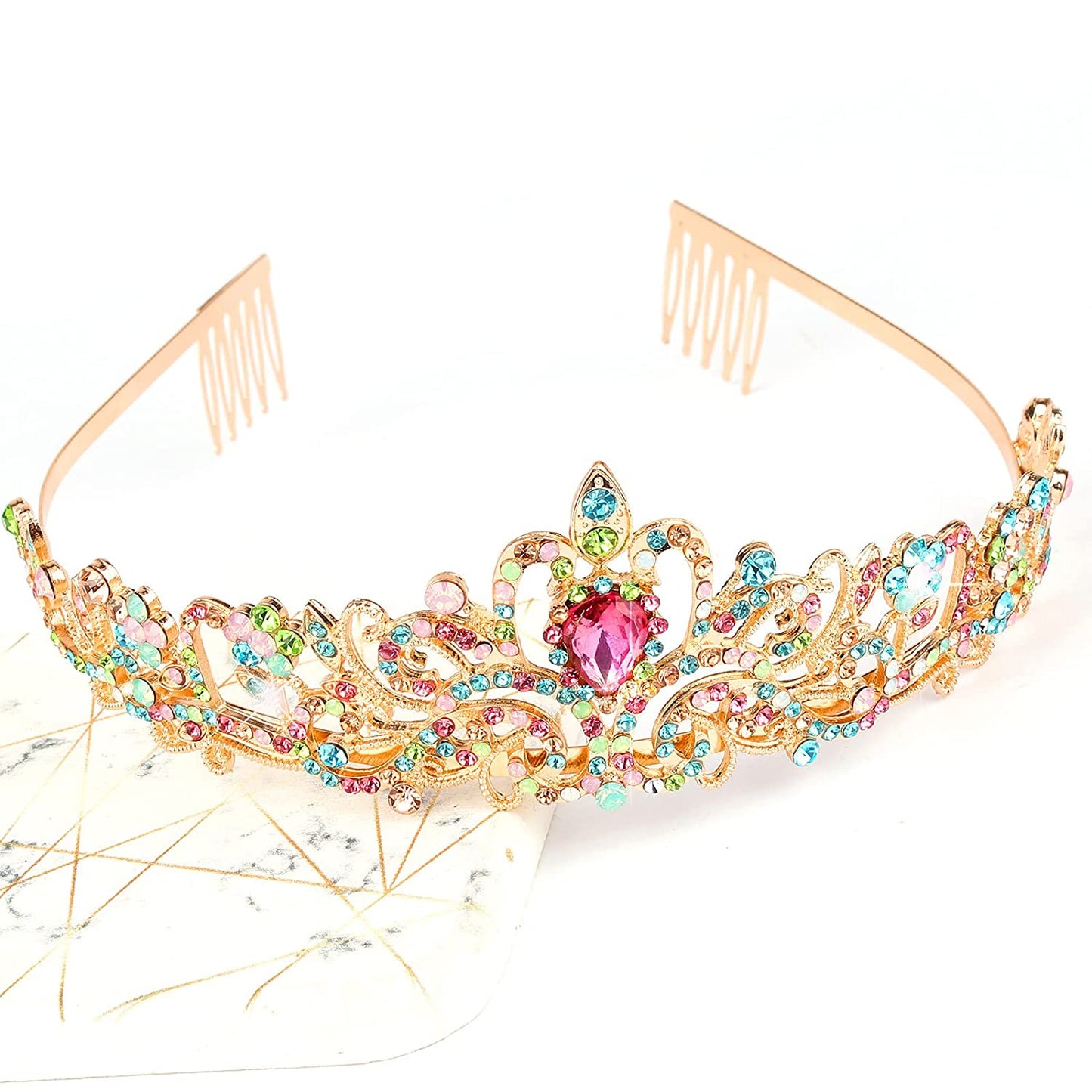 Gold Tiara for Women Crystal Crown with Colorful Gemstones Rhinestones Hair Accessories for Girls