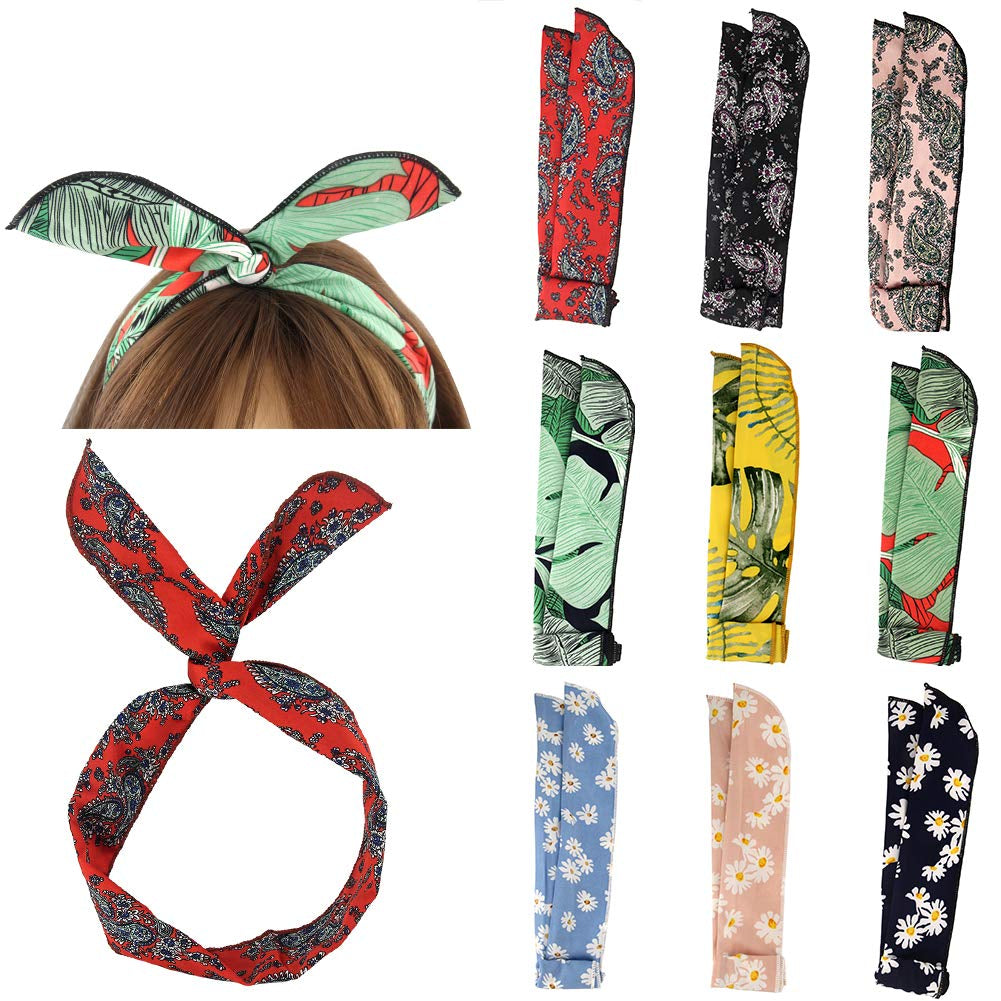 Twist Bow Wire Headbands Head Wrap Retro Bowknot Polka Dot Lattice Design Rabbit Ear Wired Hairbands, 9 Pack