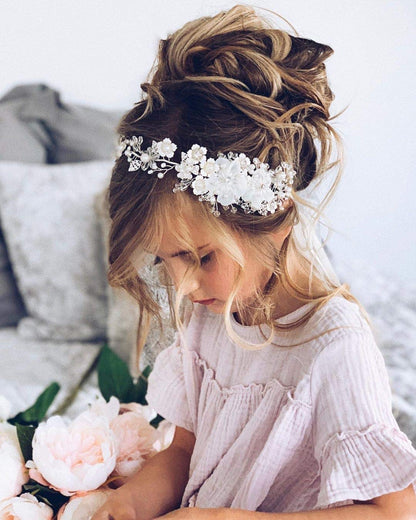 Flower Girl Headpiece Ivory Tulle Flowers Wedding Headband for Girls, Princess Pearl Hair Accessories