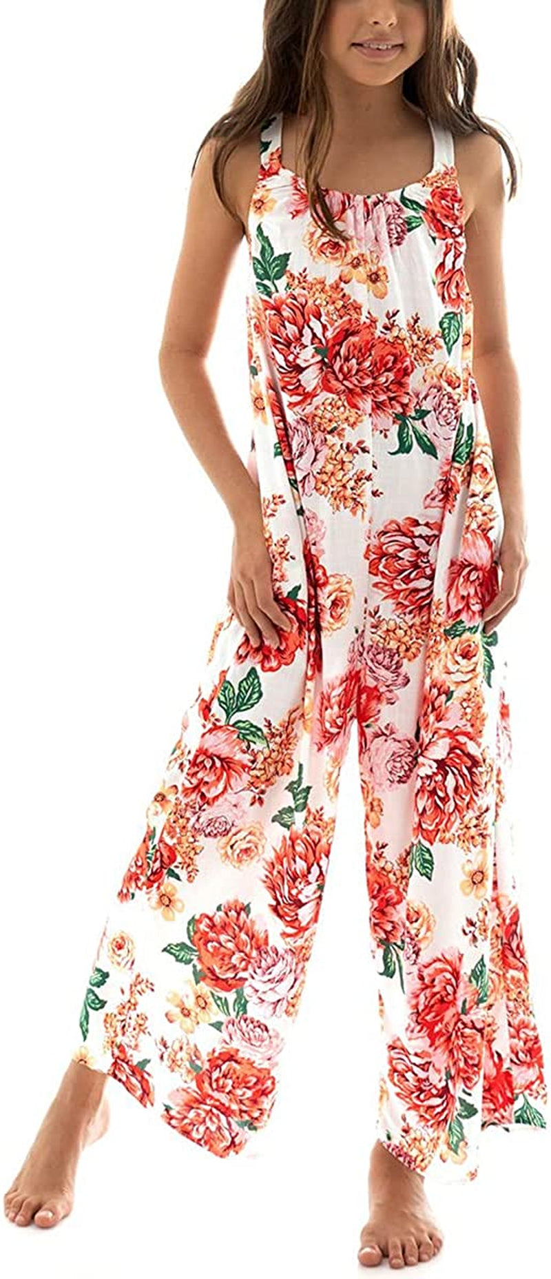 Girls Floral Backless Maxi Jumpsuit Teen Wide Leg Rompers Kids Summer Casual Boho Overalls Pants