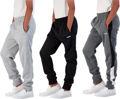 Boys 3-Pack Fleece and Tricot Jogger Sweatpants with Pockets for Athletic & Casual Wear