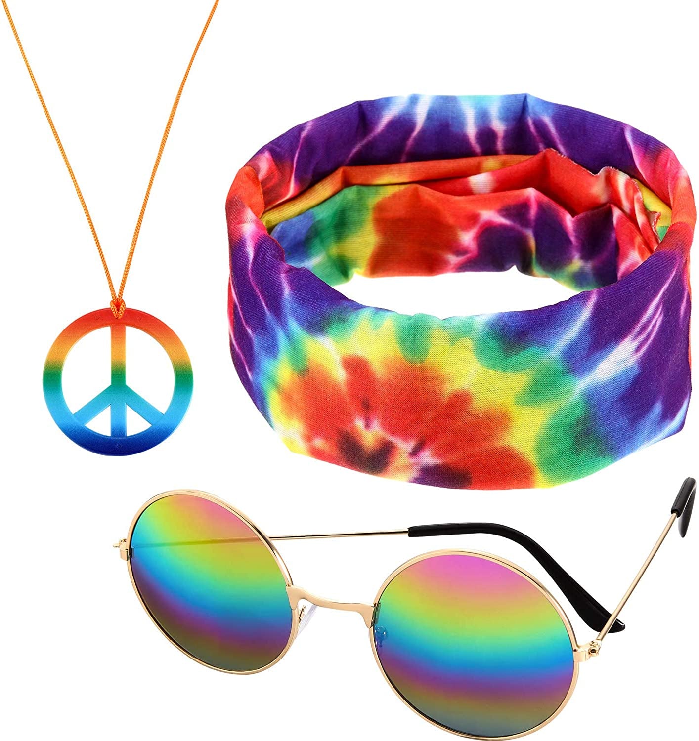 3 Pieces Rainbow Color Hippie Accessories, Including 1 Pair Sunglasses, 1 Peace Sign Necklace and 1 Peace Sign Headscarf