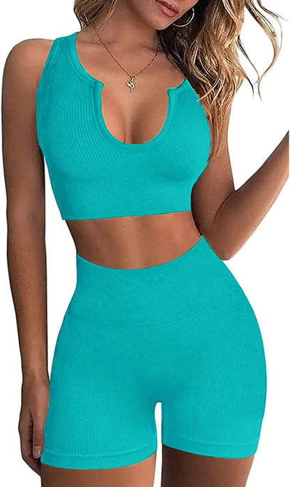 Seamless Workout Sets for Women Ribbed Sport Bra High Waist Running Shorts Gym 2 Piece Yoga Sets