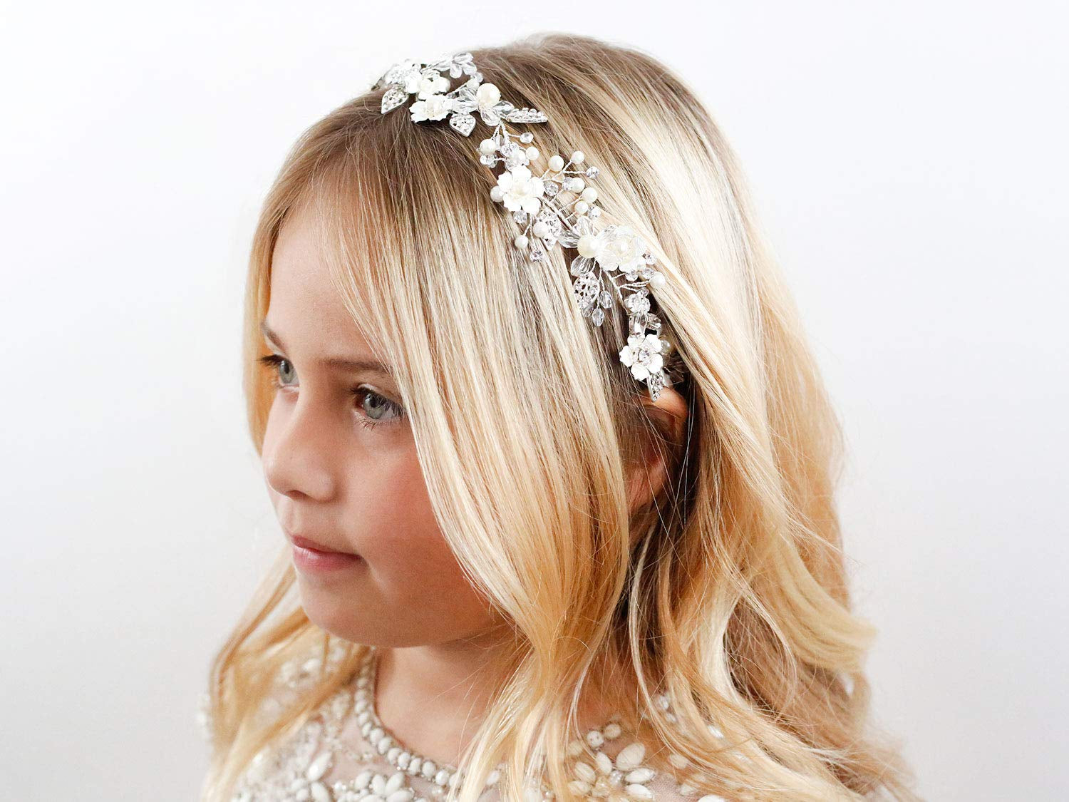 Flower Girl Headpiece Ivory Tulle Flowers Wedding Headband for Girls, Princess Pearl Hair Accessories