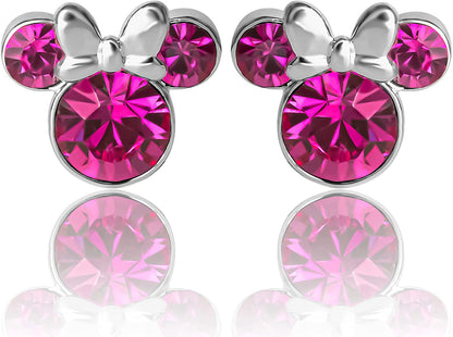 Minnie Mouse Crystal Birthstone Stud Earrings, Silver Plated, Gold Plated