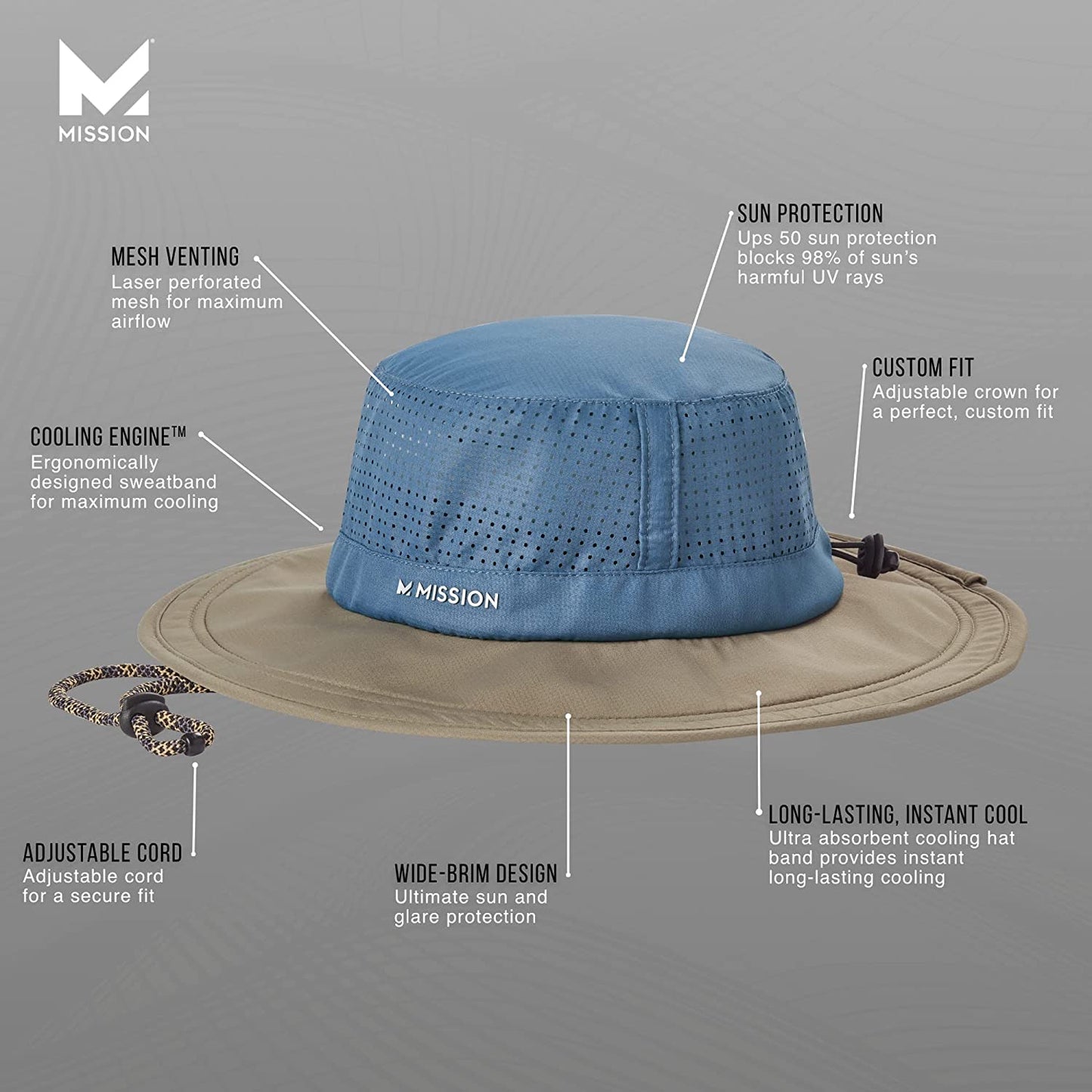 Cooling Booney Hat- UPF 50, 3” Wide Brim, Adjustable Fit, Mesh Design for Maximum Airflow and Cools When Wet